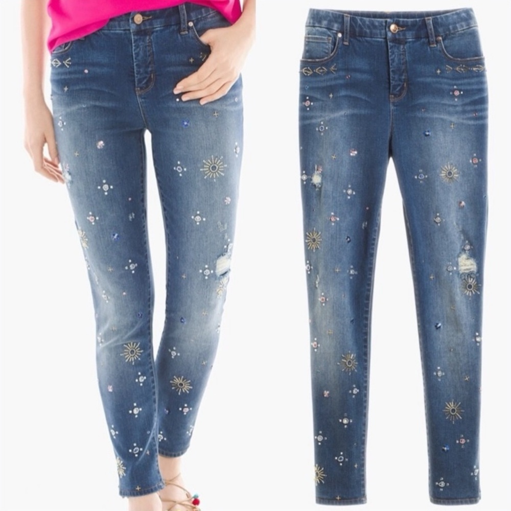 Chico’s EUC Embellished Distressed Ankle Blue Jeans